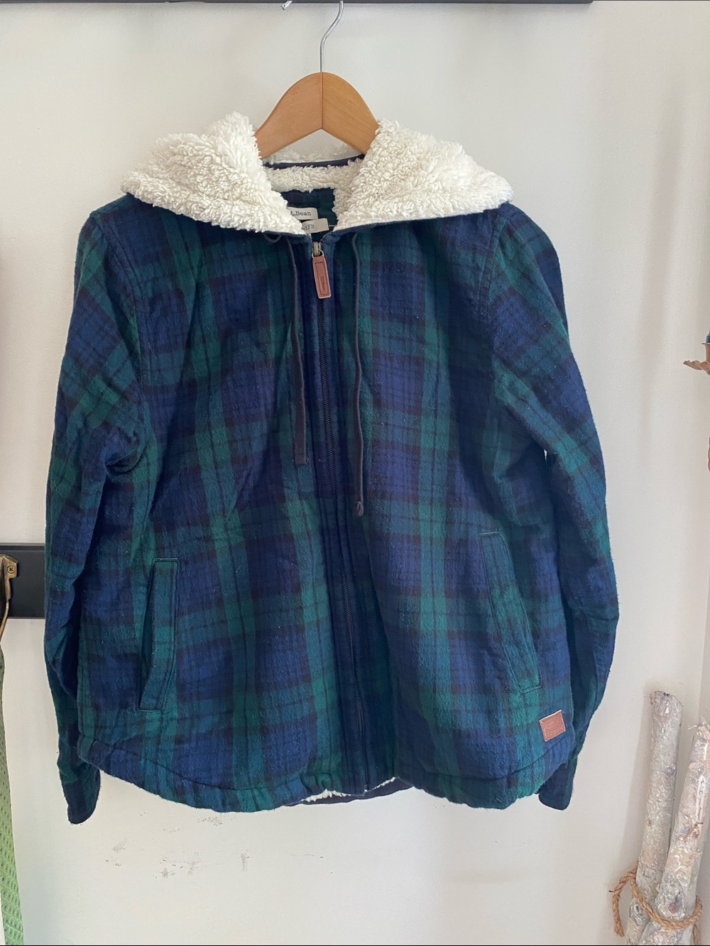 L.L. Bean Plaid Sherpa-Lined Hooded Jacket - Blue/Green XS Petite